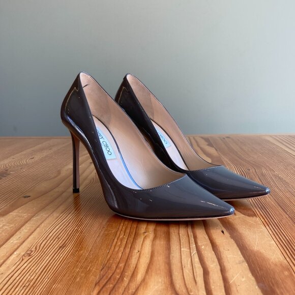 Jimmy Choo Taupe Patent Romy Pointed Toe Pumps - Picture 1 of 6